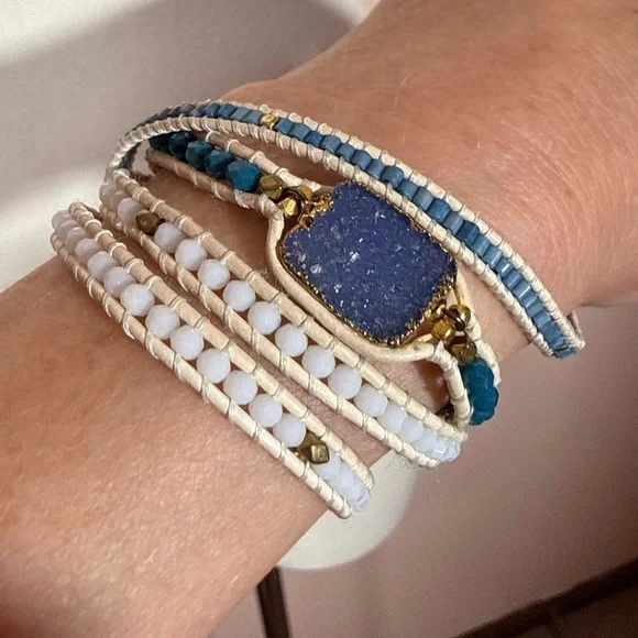 Nakamol blue white Raw gemstone boho Mediterranean long Wrap bracelet - Picture 6 of 15